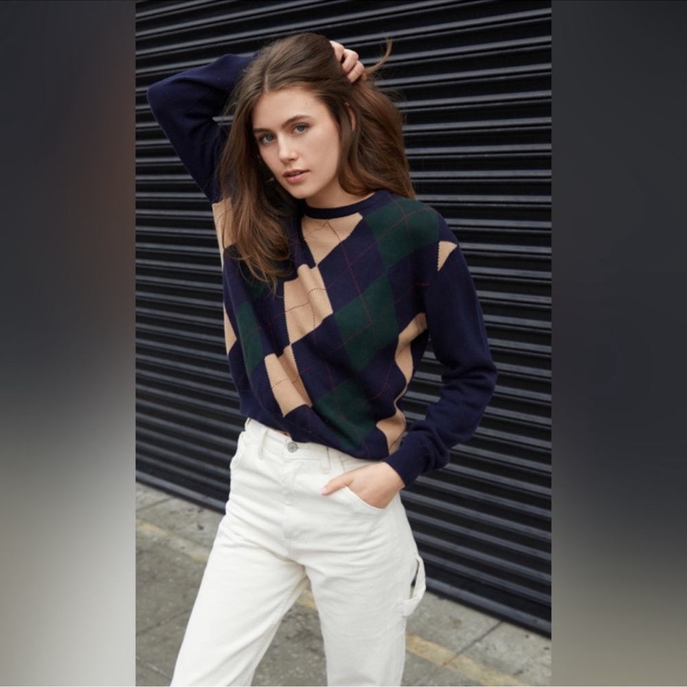 John Galt Argyle sweater Brandy Melville blue green tan